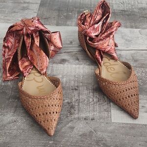 Sam Edelman Woven Pointed Flats with Paisley Ankle Ties in Burnt Orange